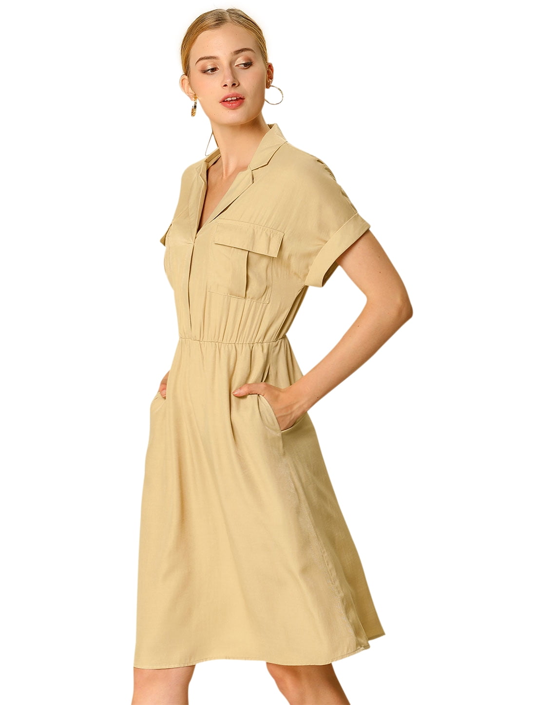 DARING DIVA Notched Lapel V-Neck Above Knee Elastic Waist Shirt Dress S Khaki