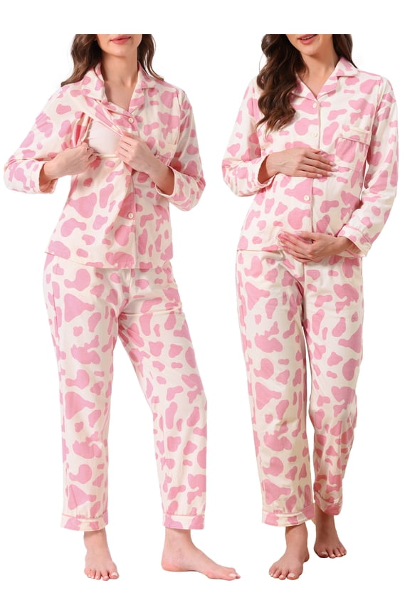 Women's Nursing Postpartum Button Down Long Sleeve Pajama Sets S Pink