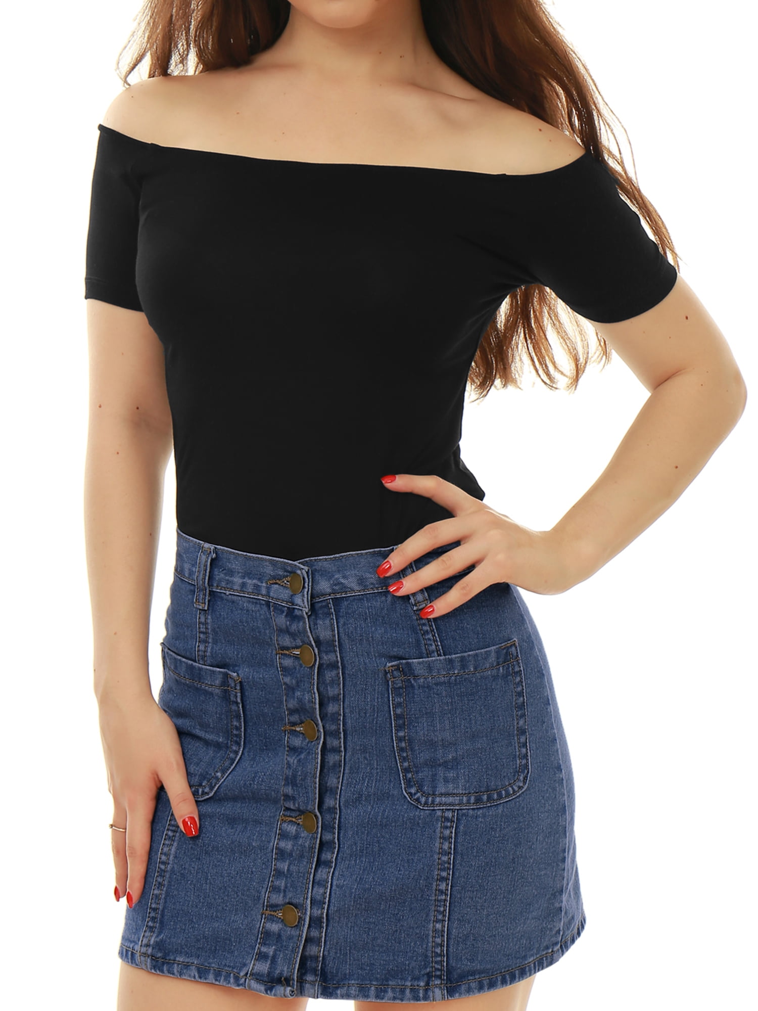 DARING DIVA Off Shoulder Crop Top M Black