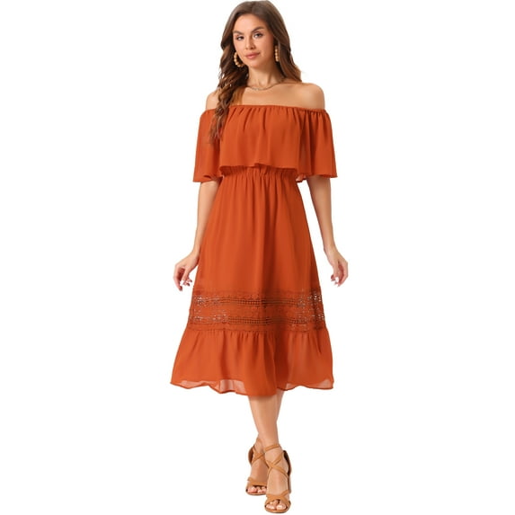 DARING DIVA Off Shoulder Flutter Sleeve Ruffle Lace Splicing Maxi Dress XS Burnt Orange