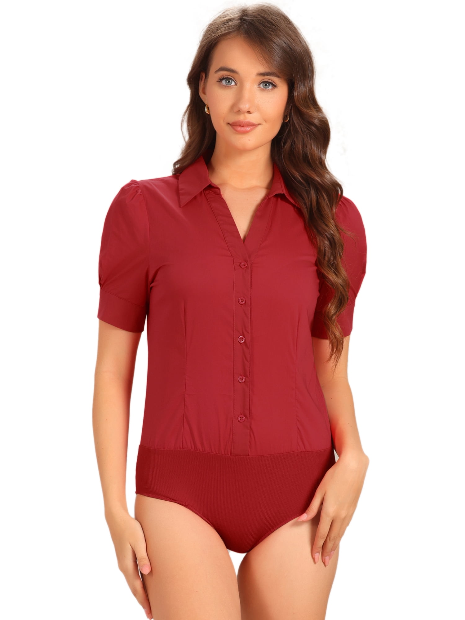 DARING DIVA Office Blouse Button Down Short Sleeve Bodysuit L Red
