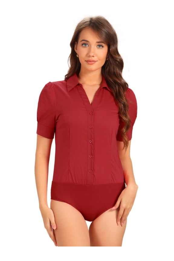 Office Blouse Button Down Short Sleeve Bodysuit L Red