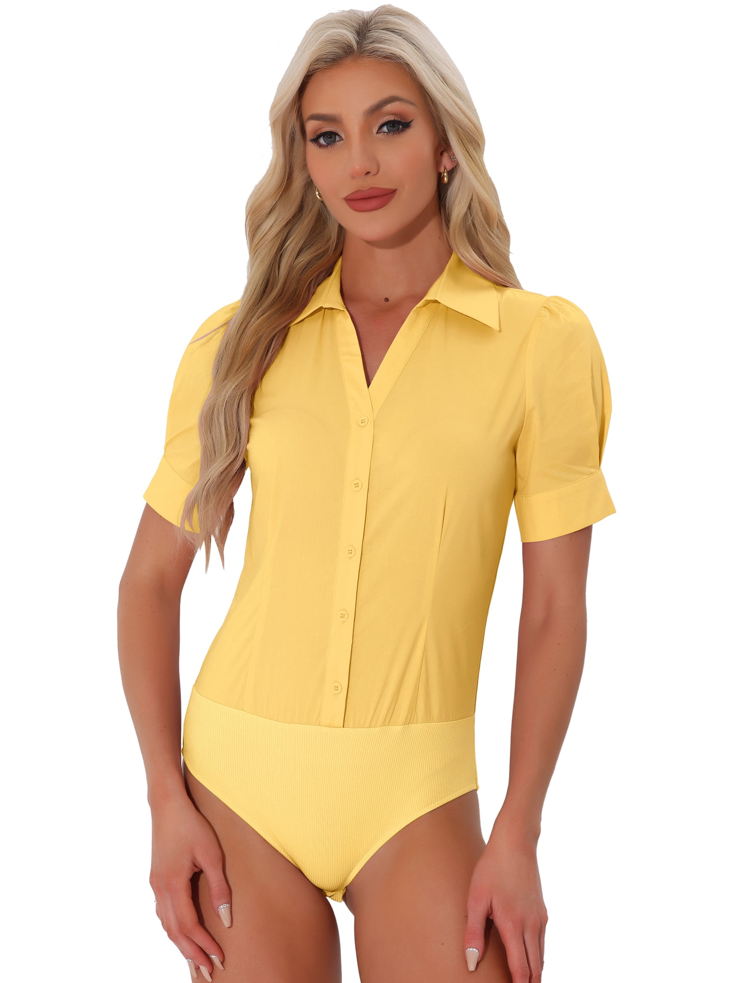 DARING DIVA Office Blouse Button Down Short Sleeve Bodysuit L Yellow