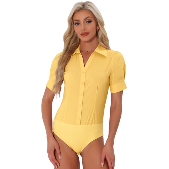 DARING DIVA Office Blouse Button Down Short Sleeve Bodysuit L Yellow
