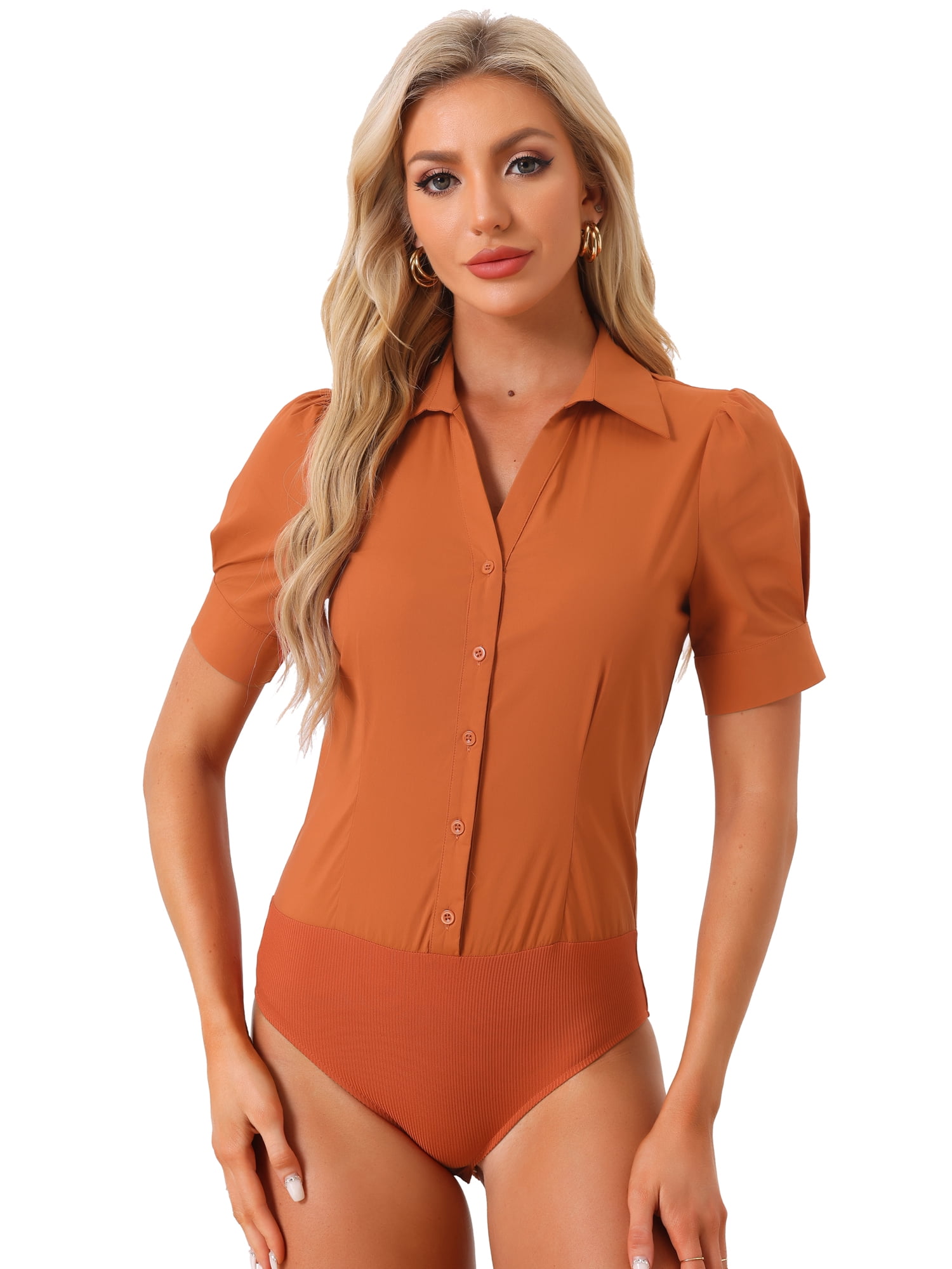 DARING DIVA Office Blouse Button Down Short Sleeve Bodysuit S Caramel