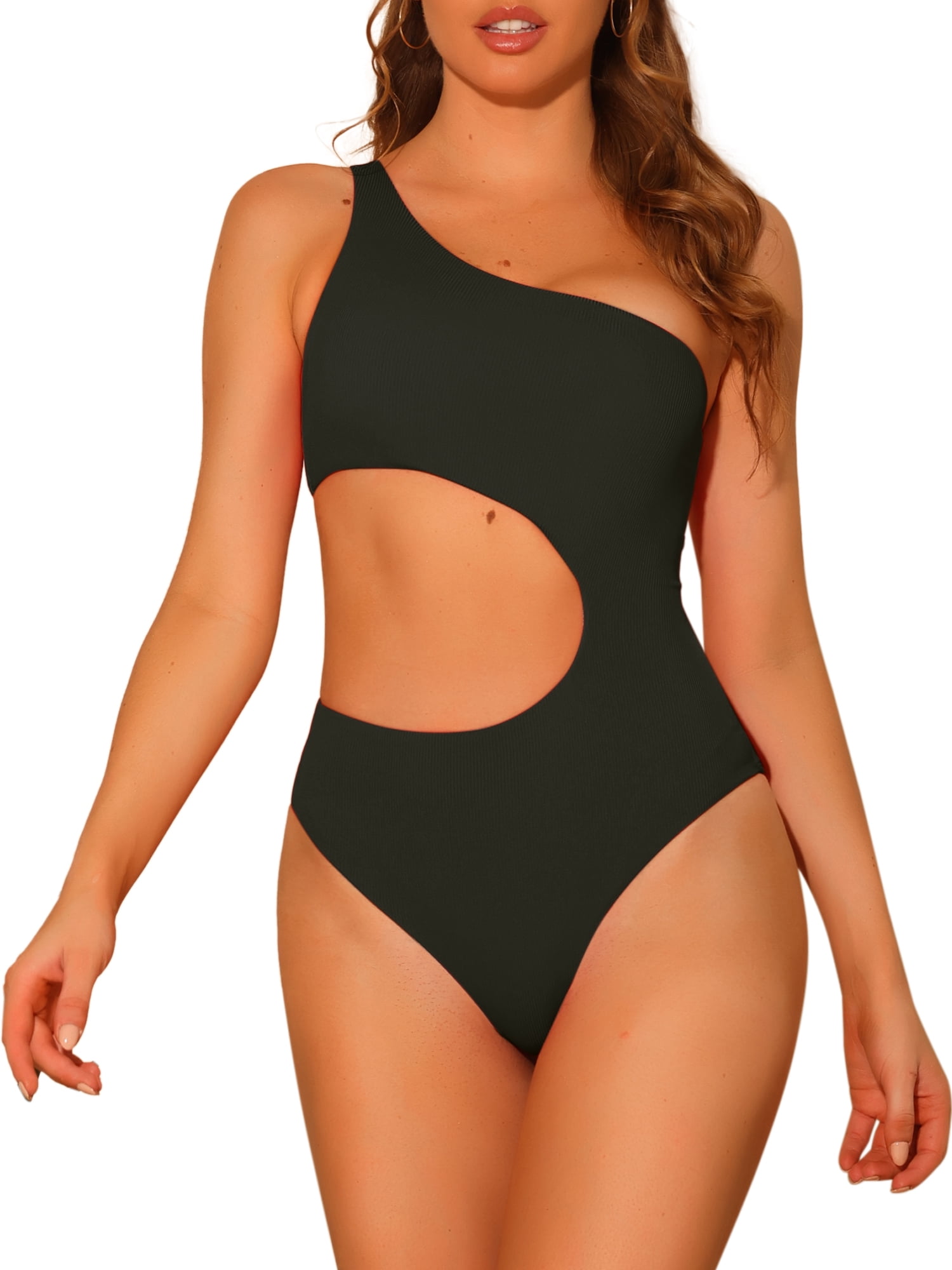 DARING DIVA One Shoulder Asymmetric Cutout Swimsuit Bathing Suit L Black