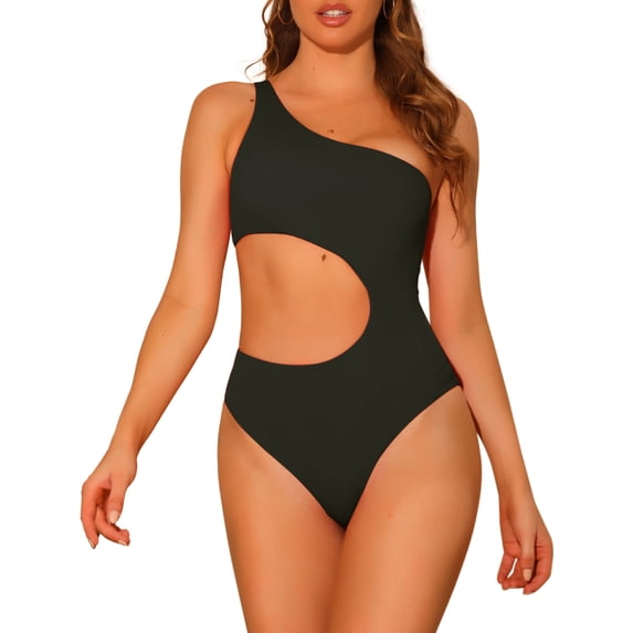 DARING DIVA One Shoulder Asymmetric Cutout Swimsuit Bathing Suit L Black