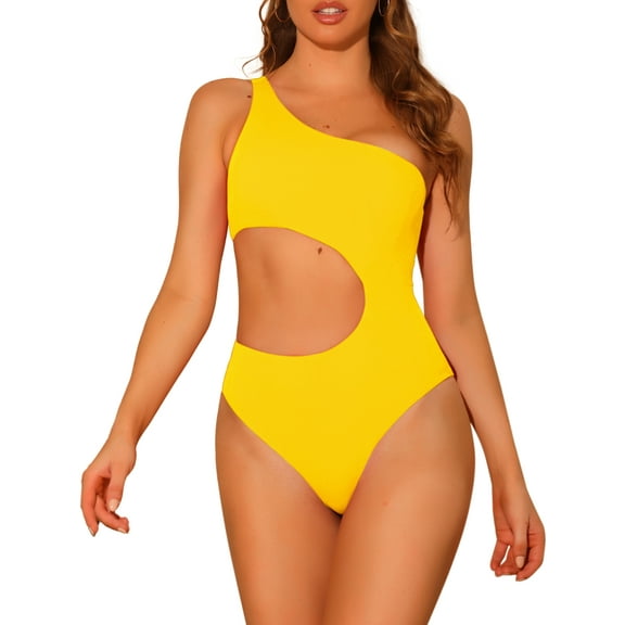 DARING DIVA One Shoulder Asymmetric Cutout Swimsuit Bathing Suit M Yellow