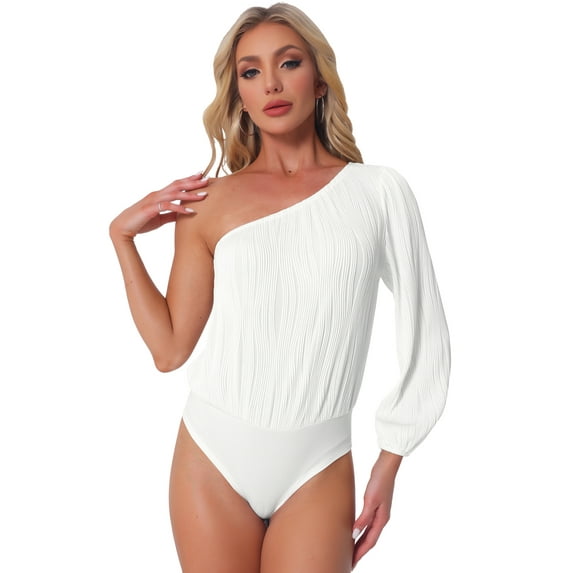 DARING DIVA One Shoulder Bodysuit Long Sleeve Ribbed Body Suits L White