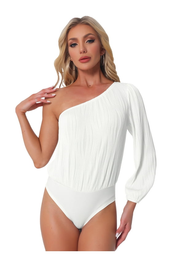 One Shoulder Bodysuit Long Sleeve Ribbed Body Suits L White