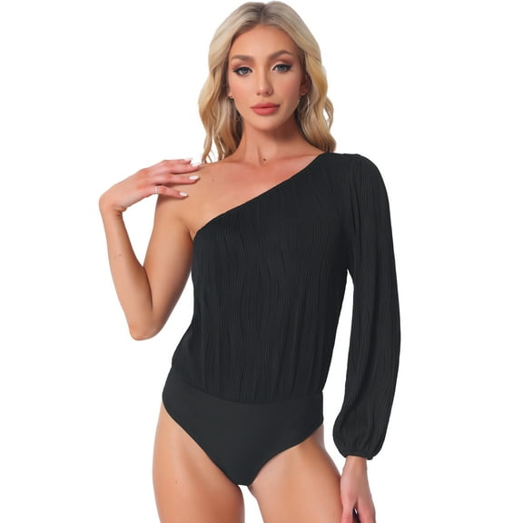 DARING DIVA One Shoulder Bodysuit Long Sleeve Ribbed Body Suits M Black