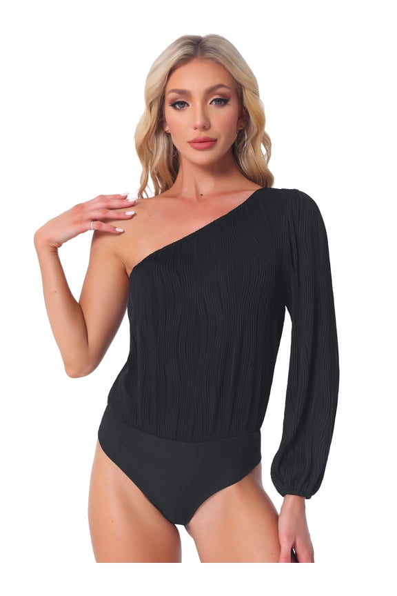 One Shoulder Bodysuit Long Sleeve Ribbed Body Suits S Black