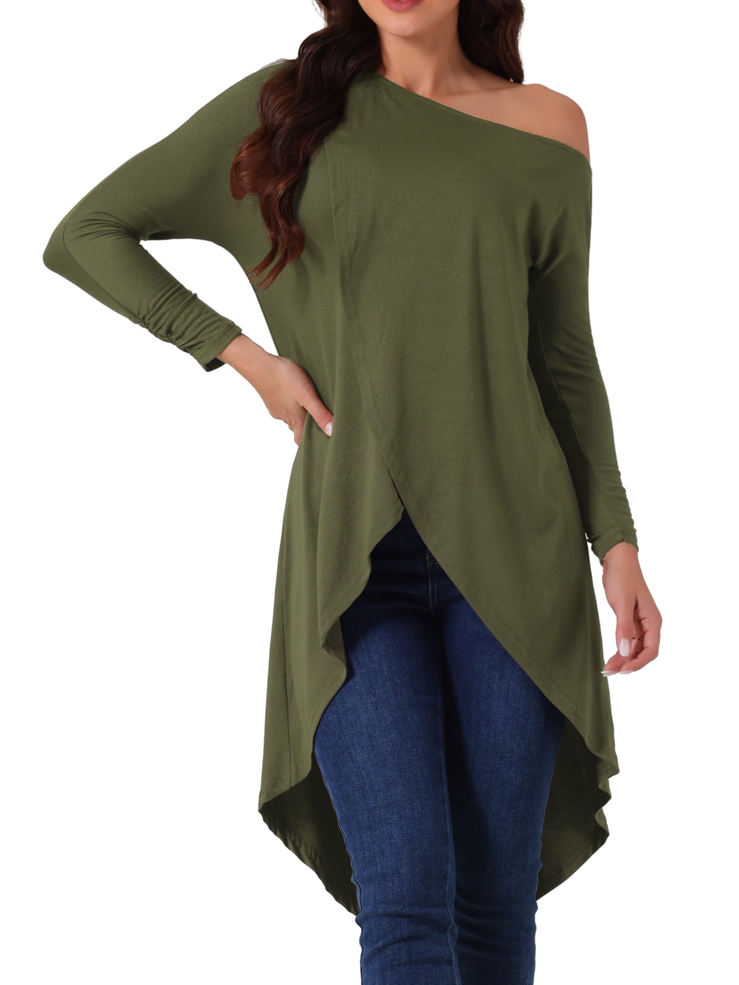 DARING DIVA One Shoulder High Low Irregular Hem Top L Army Green