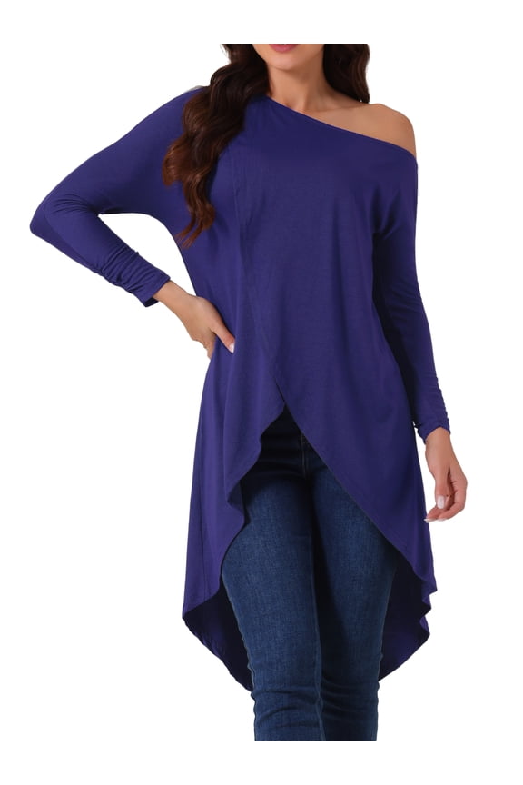 One Shoulder High Low Irregular Hem Top L Navy Blue