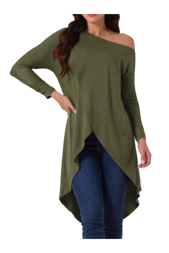 One Shoulder High Low Irregular Hem Top S Army Green