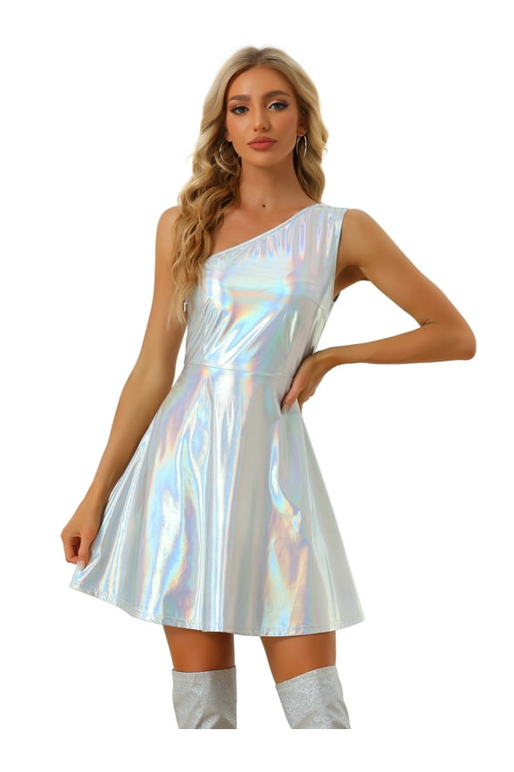 One Shoulder Metallic Sleeveless Disco Holographic Dress XL Silver
