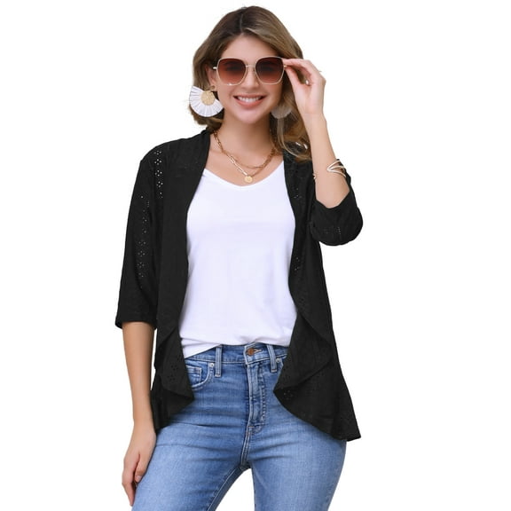 DARING DIVA Open Front 3/4 Sleeve Draped Ruffles Eyelet Cardigans L Black