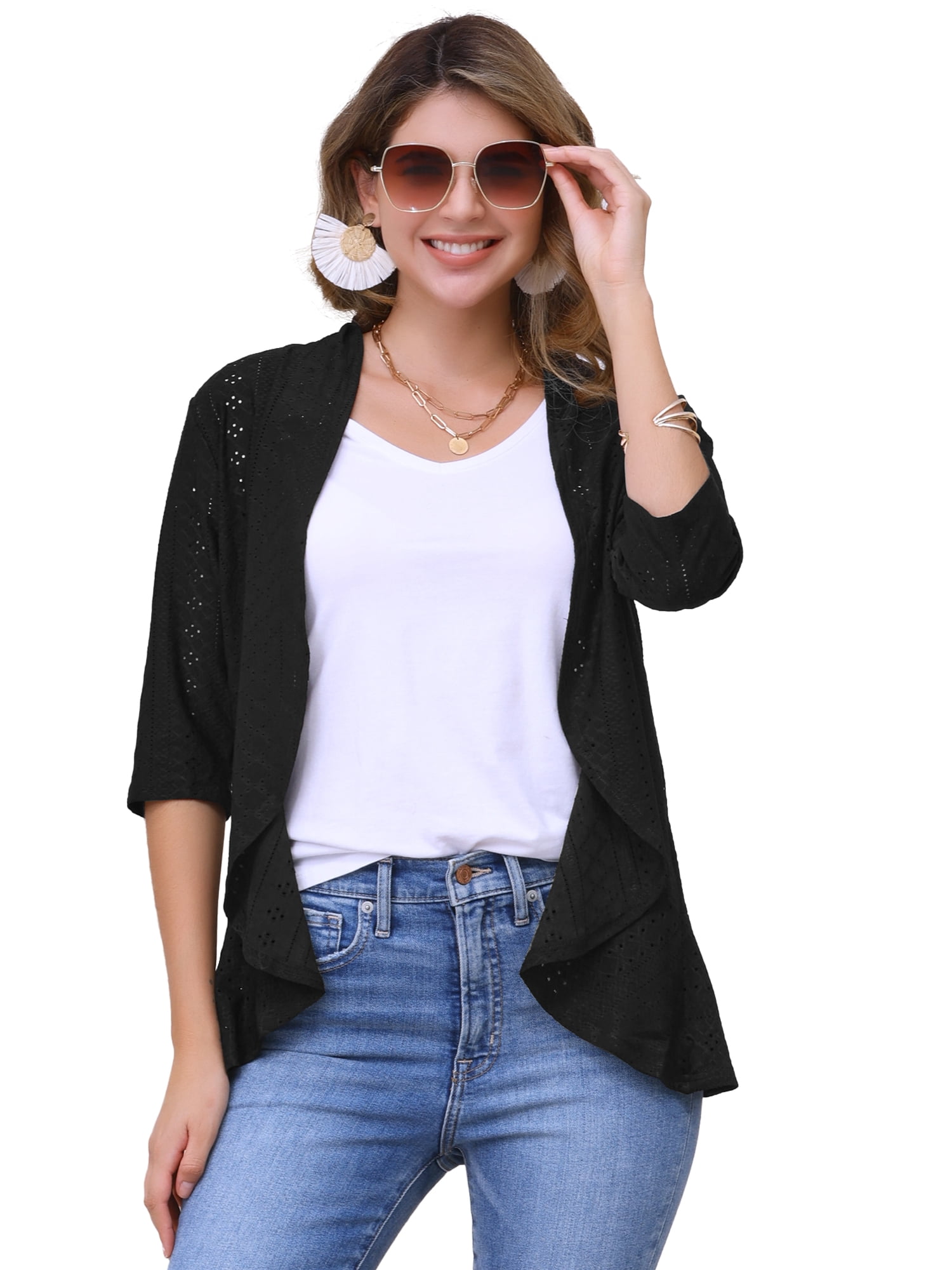 Draped Ruffles DARING DIVA Womens Open Front 3/4 Sleeve Draped Ruffles Eyelet ...