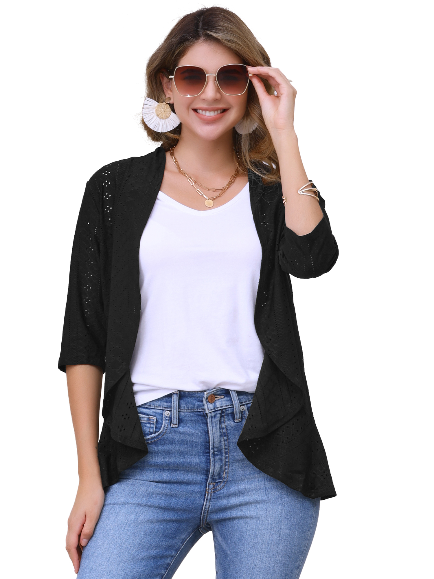 DARING DIVA Womens Open Front 3/4 Sleeve Draped Ruffles Eyelet Cardigans S Black