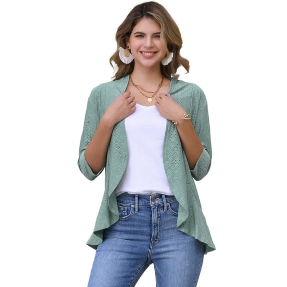 DARING DIVA Womens Open Front 3/4 Sleeve Draped Ruffles Eyelet Cardigans S Grey Green