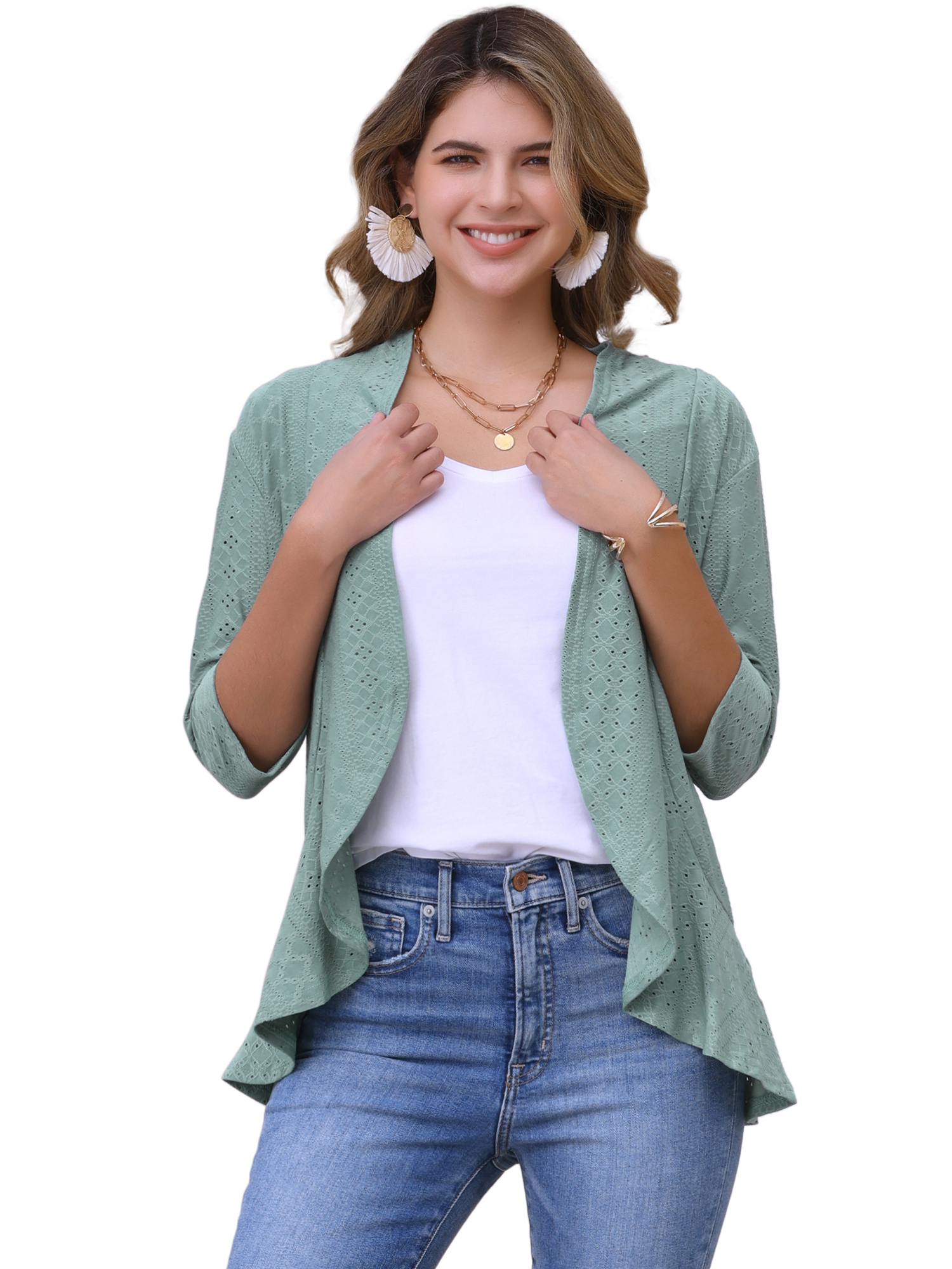 DARING DIVA Womens Open Front 3/4 Sleeve Draped Ruffles Eyelet Cardigans XL Grey Green