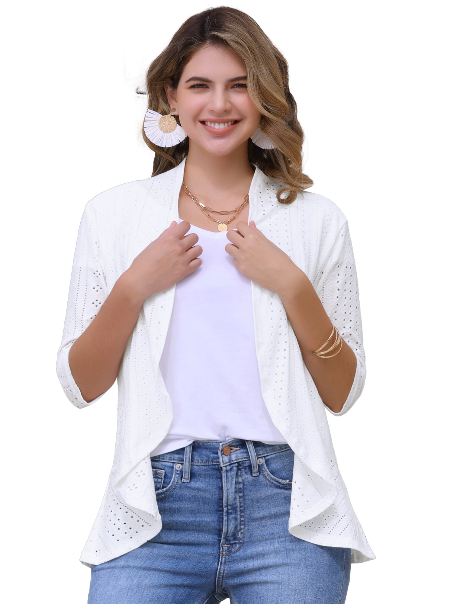 DARING DIVA Womens Open Front 3/4 Sleeve Draped Ruffles Eyelet Cardigans XL White