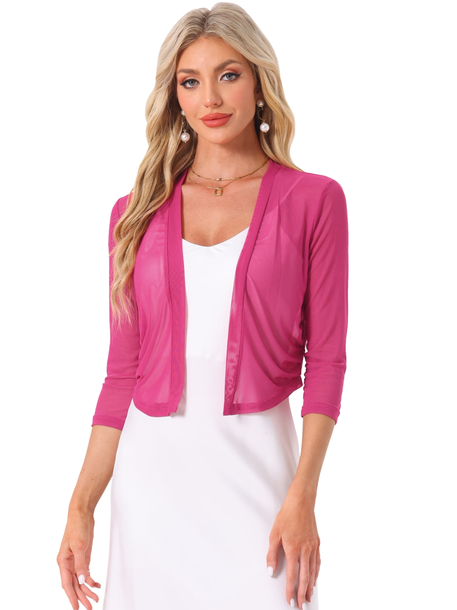 DARING DIVA Elegant Women's 3/4 Sleeve Sheer Mesh Cardigan Dresses XS Fuchsia