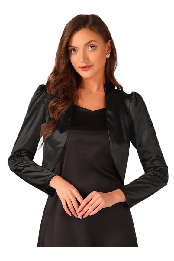 Open Front Ruched Sleeves Satin Bolero Cropped Shrug L Black