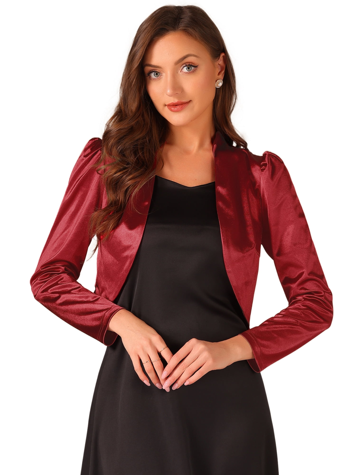 DARING DIVA Women's Satin Jacket Formal Long Sleeves Bolero Shrugs for Dresses S Wine Red