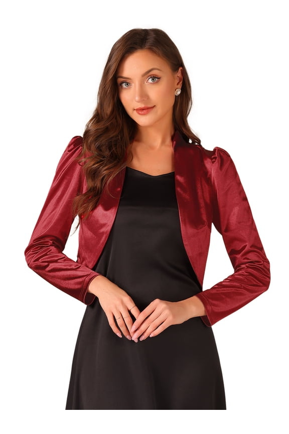 Open Front Ruched Sleeves Satin Bolero Cropped Shrug S Wine Red