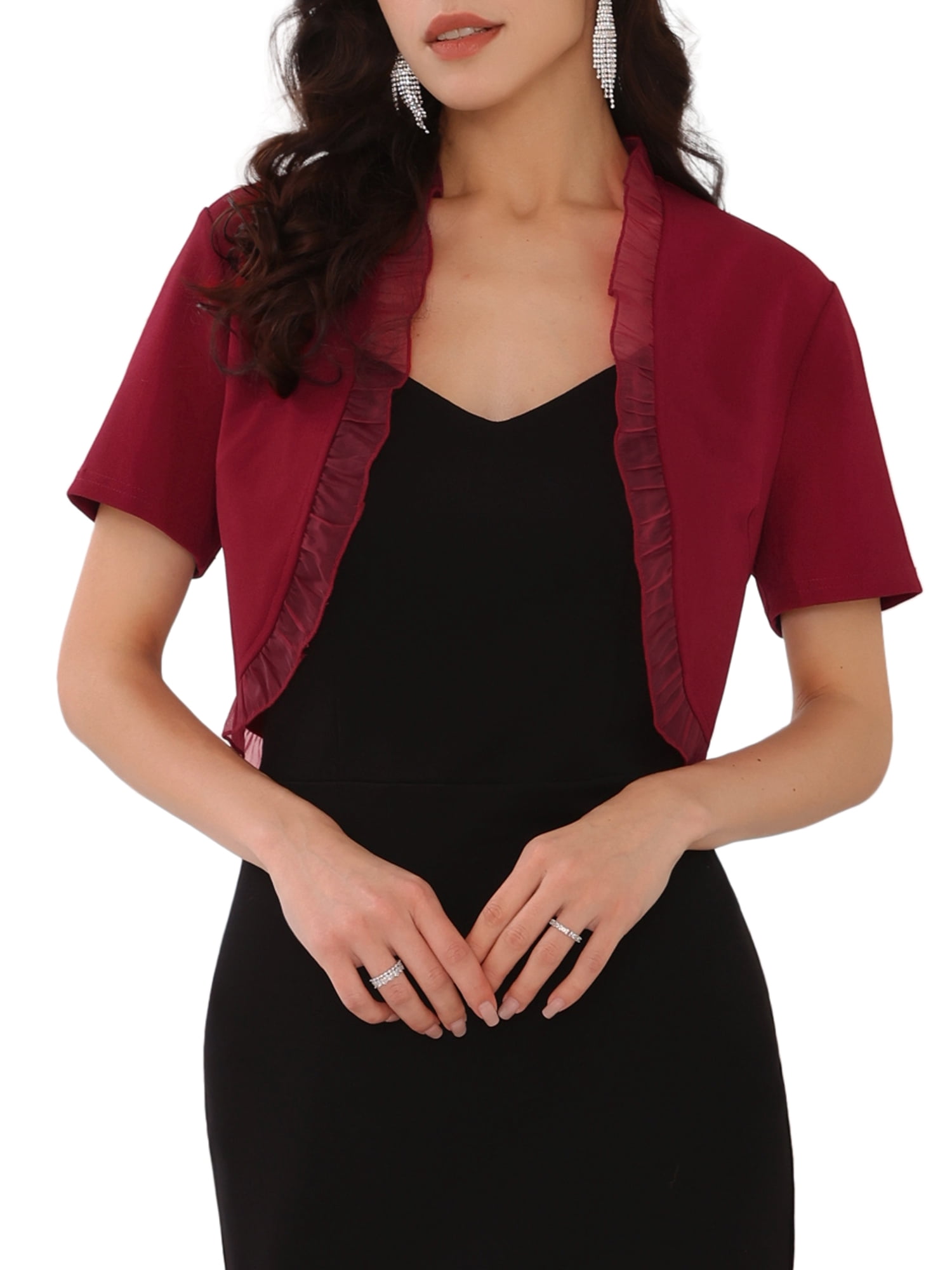 DARING DIVA Open Front Shrug Crop Ruffle Trim Short Sleeve Cocktail Bolero L Dark Red