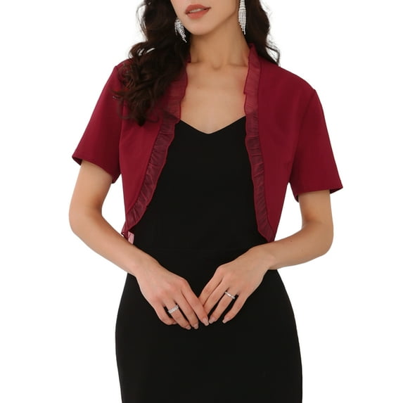 DARING DIVA Open Front Shrug Crop Ruffle Trim Short Sleeve Cocktail Bolero M Dark Red