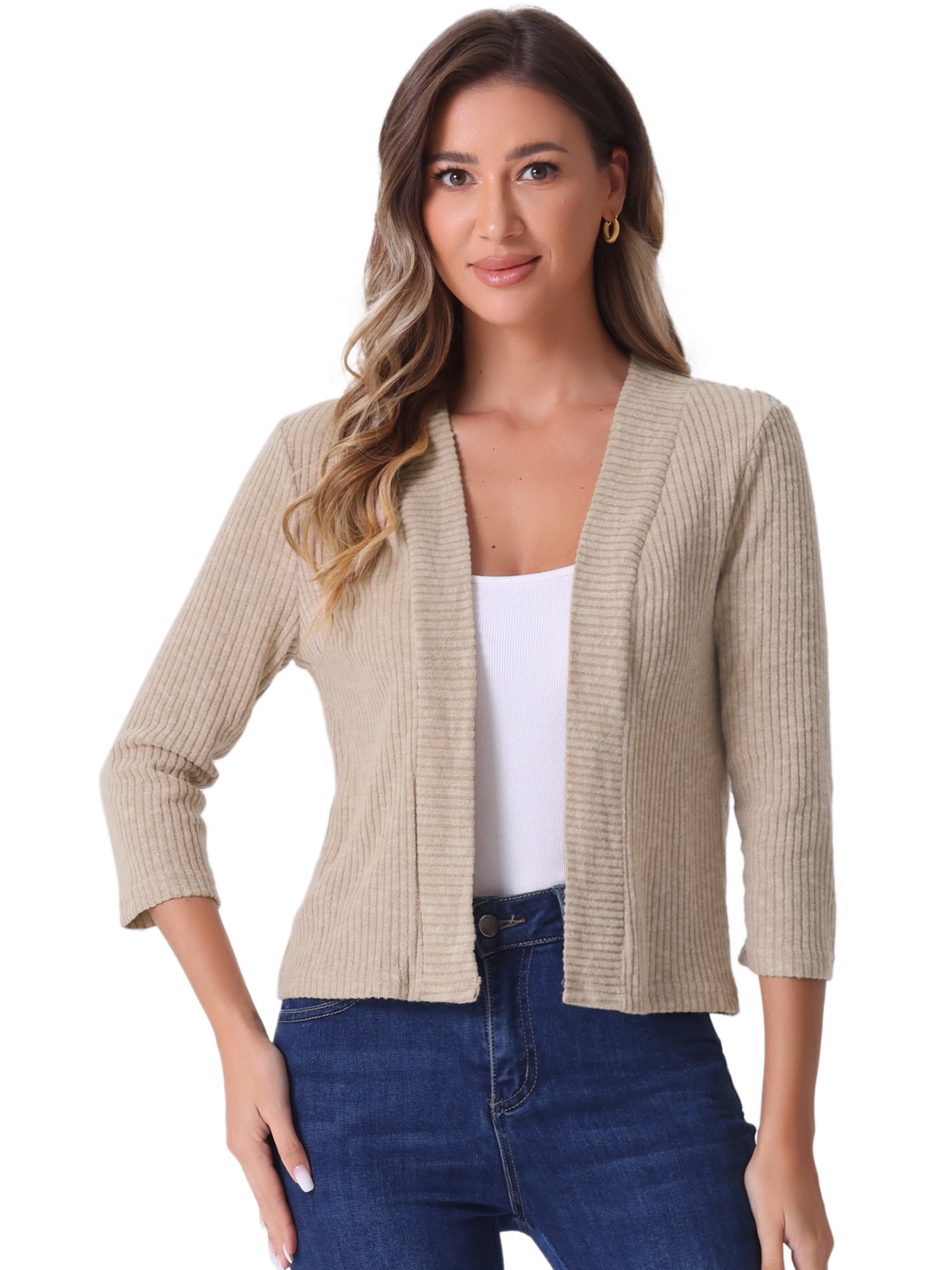 DARING DIVA Open Front and 3/4 Sleeves Cropped Elegant Sweater L Camel