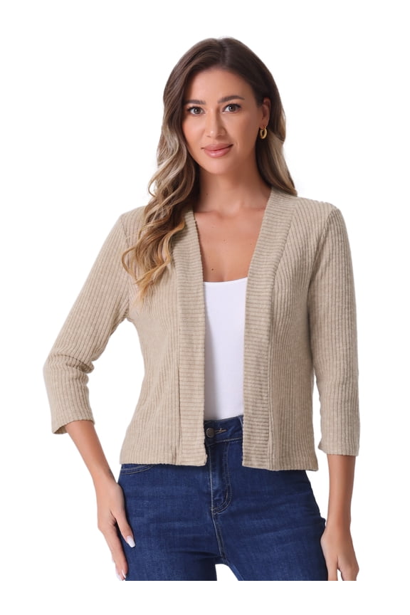 Open Front and 3/4 Sleeves Cropped Elegant Sweater L Camel