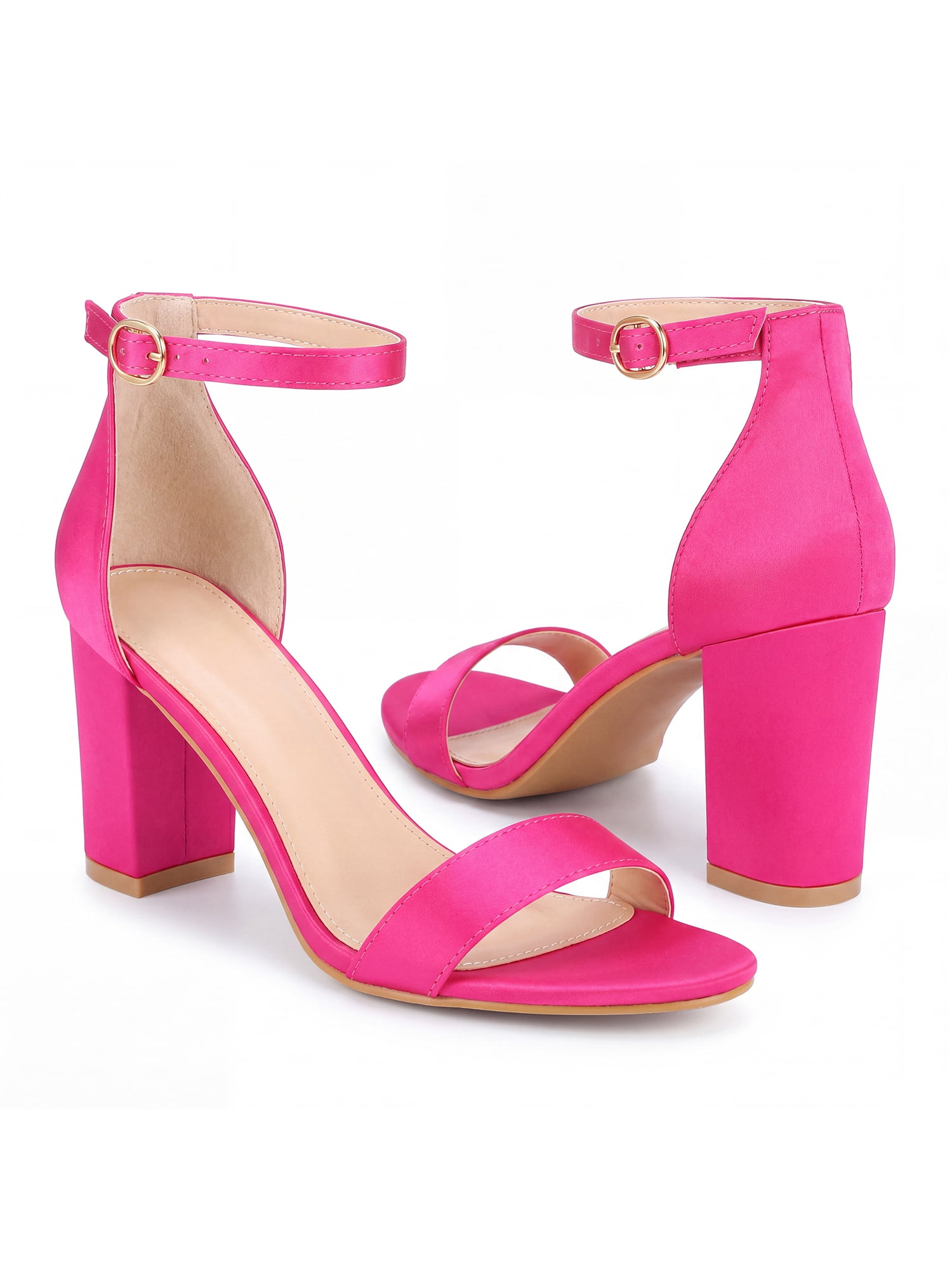 Unique Bargains Women's Open Toe High Heel Ankle Strap Satin Block Heels Sandals Hot Pink 5.5