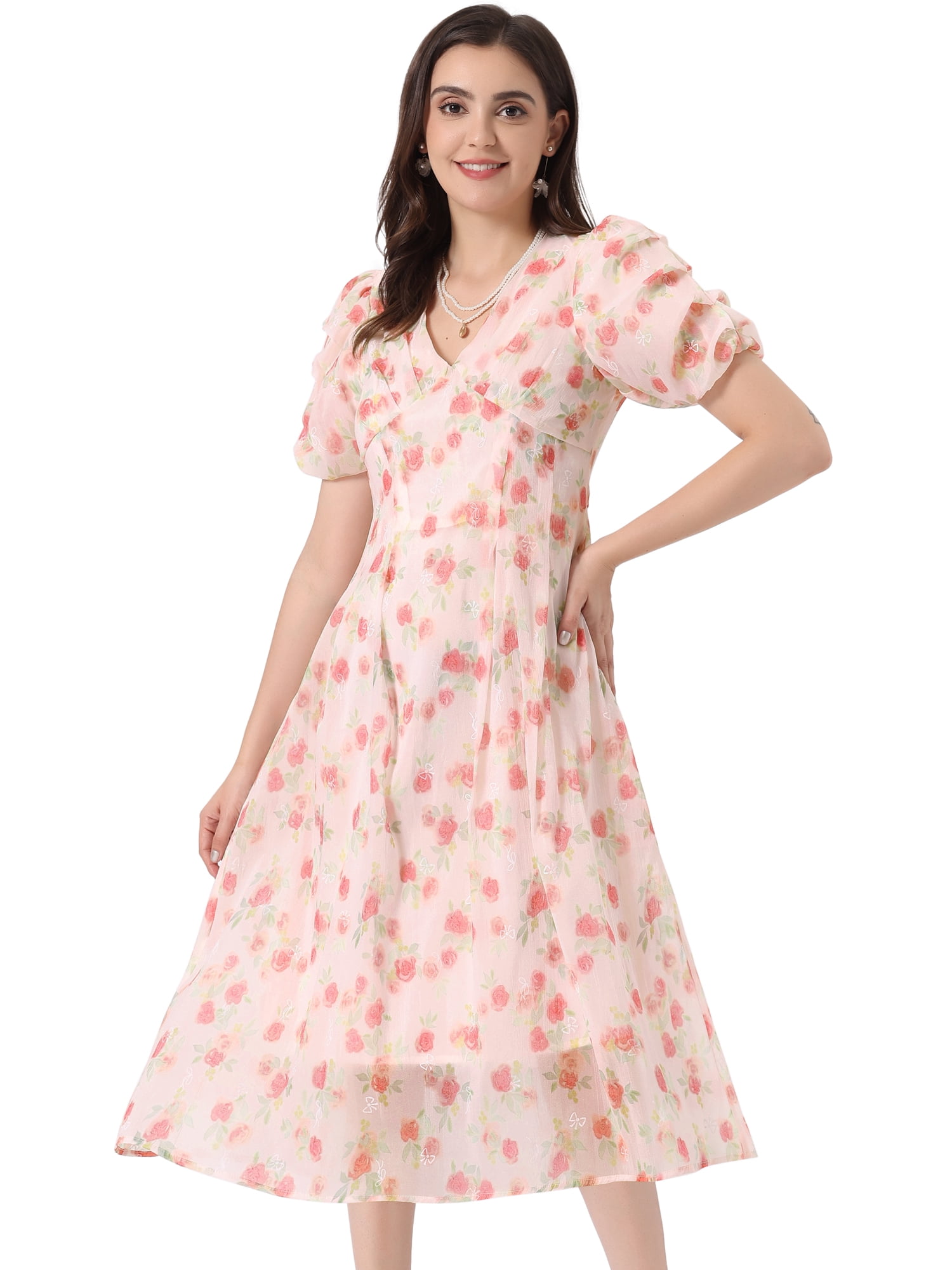 DARING DIVA Organza Dress Puff Floral Print Dress L Pink