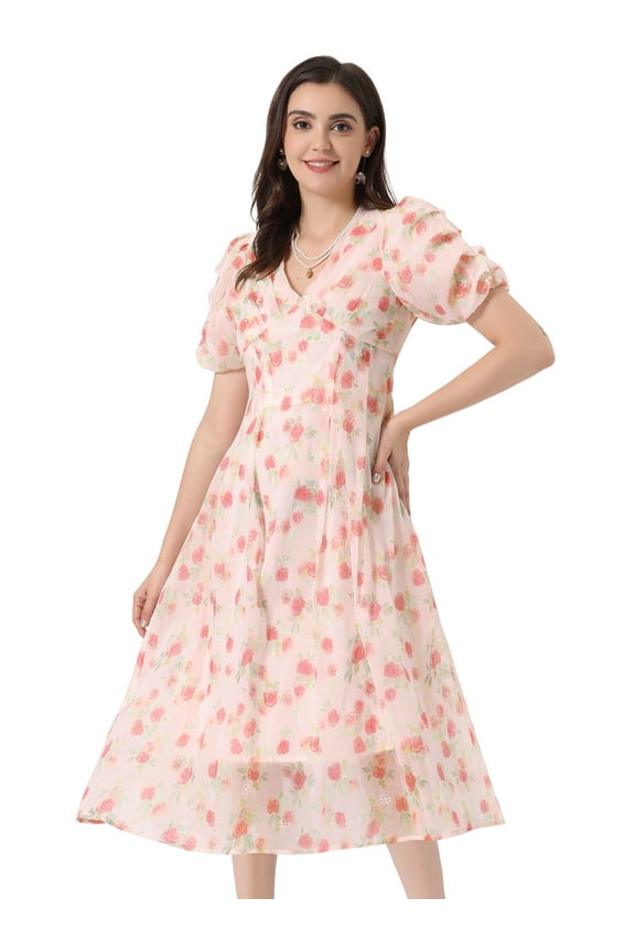 Organza Dress Puff Floral Print Dress L Pink