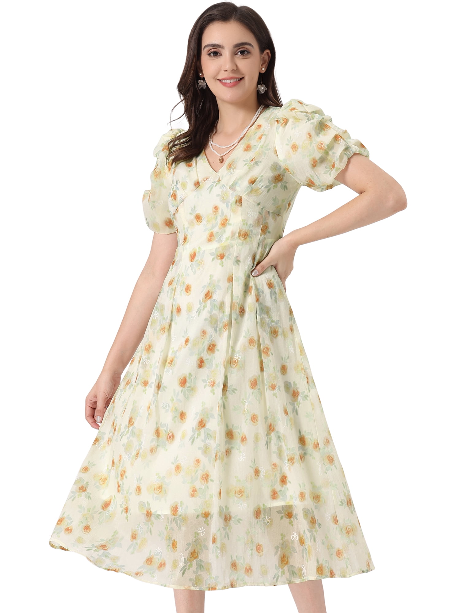 DARING DIVA Organza Dress Puff Floral Print Dress M Apricot