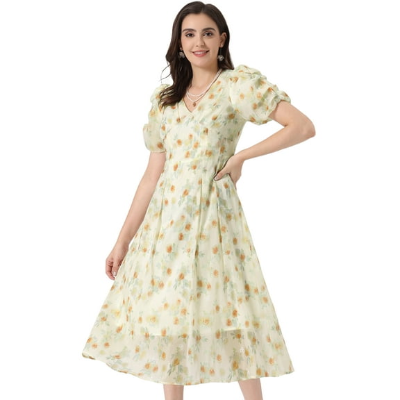 DARING DIVA Organza Dress Puff Floral Print Dress M Apricot