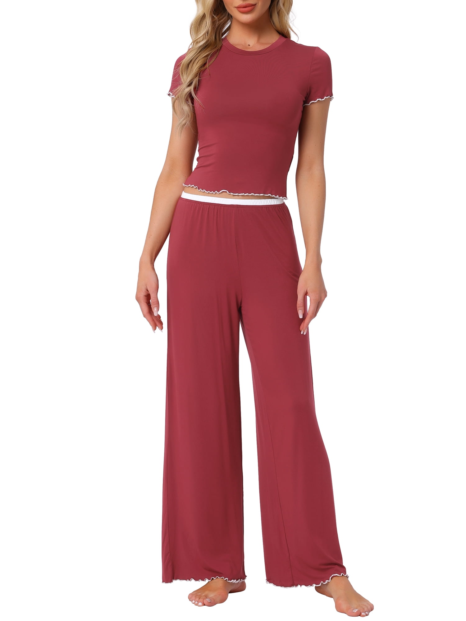 DARING DIVA Women's Pajama Sets Short Sleeve Ruffled Top Long Pants Lounge Sets L Claret