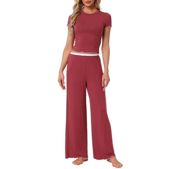 DARING DIVA Pajama Knitted Short Sleeve Ruffled Pants Outfits Lounge Sets S Claret