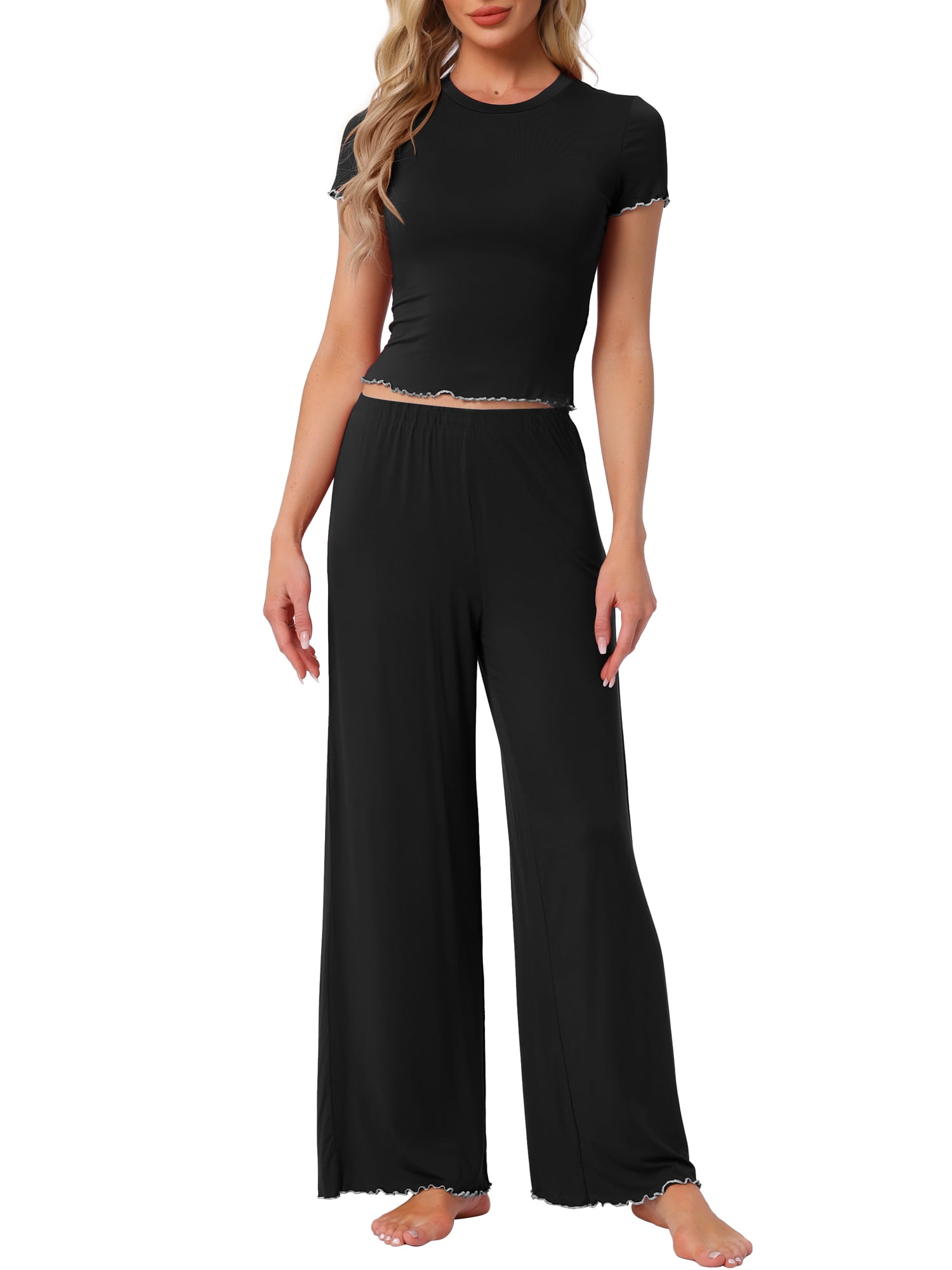DARING DIVA Women's Pajama Sets Short Sleeve Ruffled Top Long Pants Lounge Sets XS Black