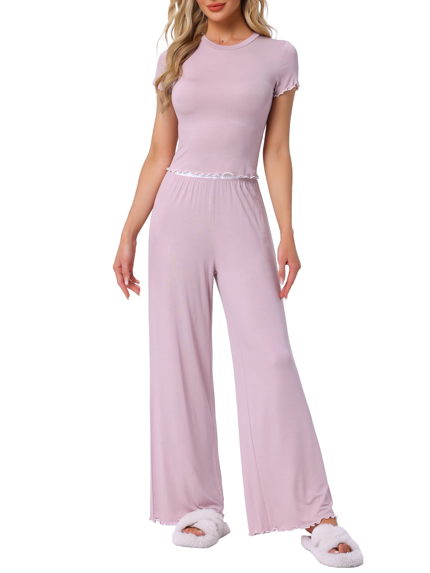 DARING DIVA Women's Pajama Sets Short Sleeve Ruffled Top Long Pants Lounge Sets XS Pink