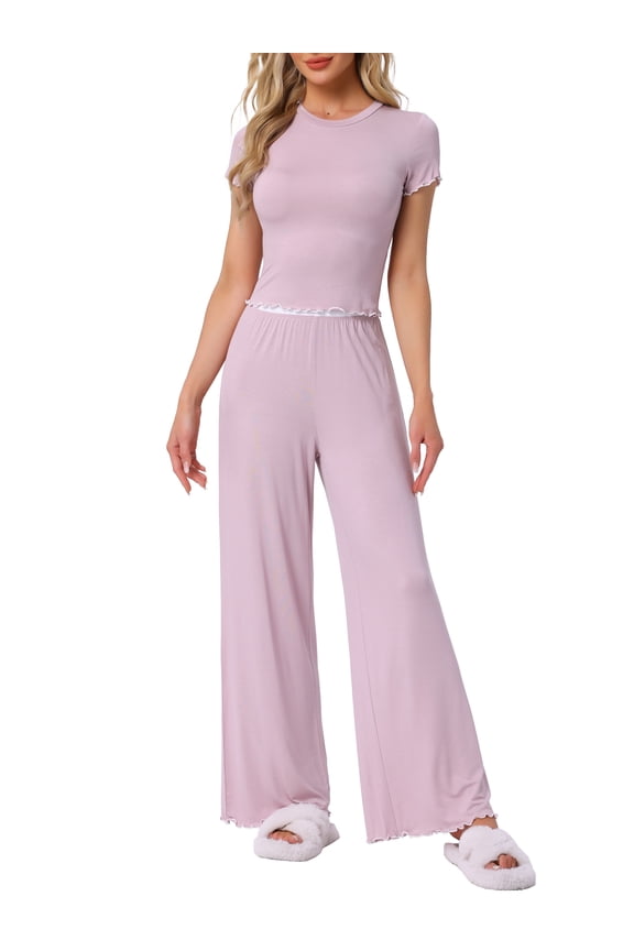Women's Pajama Sets Short Sleeve Ruffled Top Long Pants Lounge Sets XS Pink