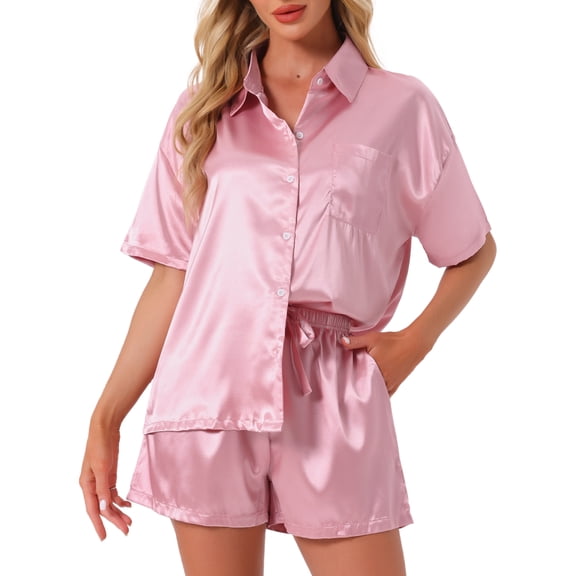 DARING DIVA Pajama Satin Oversize Casual Button Down Point Collar Set L Pink