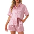 thumbnail image 1 of DARING DIVA Pajama Satin Oversize Casual Button Down Point Collar Set S Pink, 1 of 7