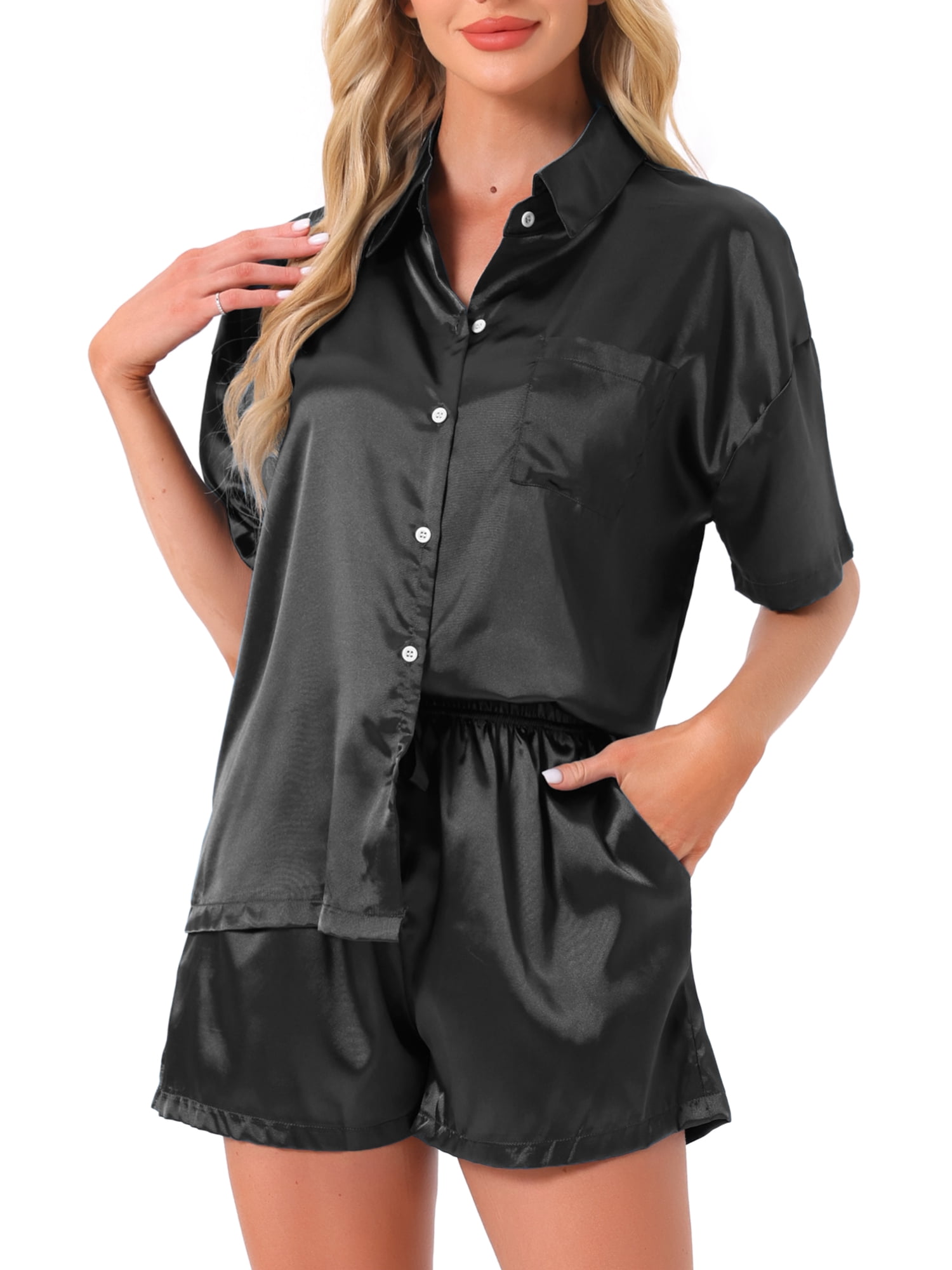 DARING DIVA Pajama Satin Oversize Casual Button Down Point Collar Set XL Black