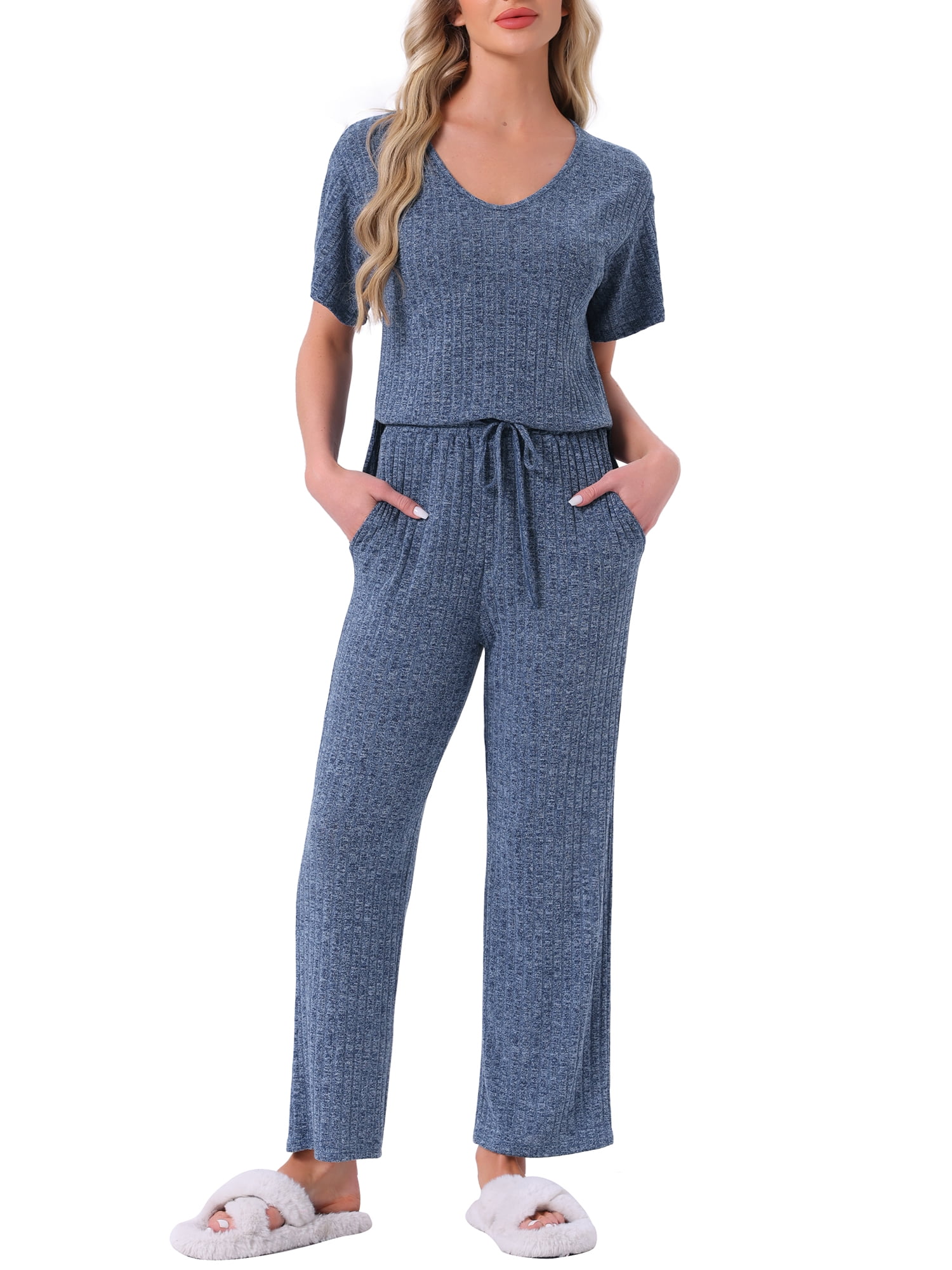 DARING DIVA Pajama Set Ribbed Knit Top Drawstring Pants 2 Pieces Outfit 2XL Blue