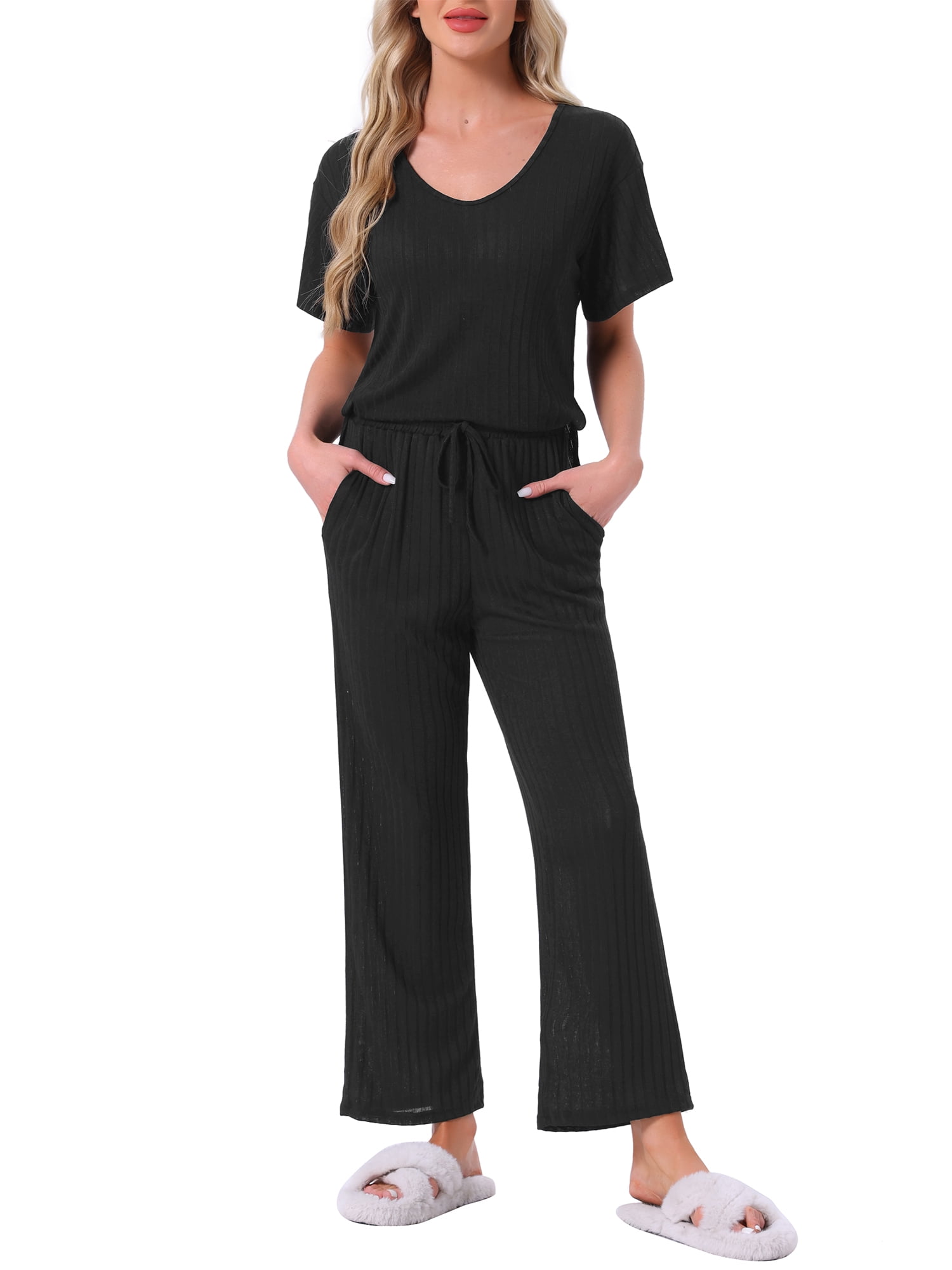 DARING DIVA Pajama Set Ribbed Knit Top Drawstring Pants 2 Pieces Outfit S Black
