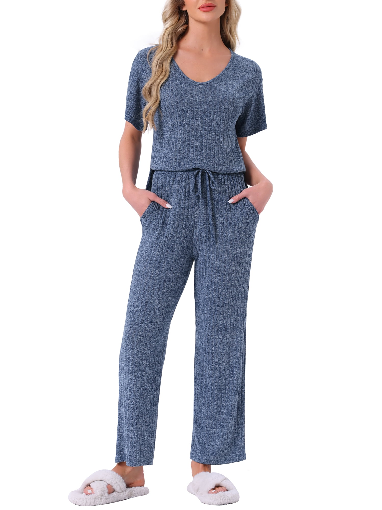 DARING DIVA Pajama Set Ribbed Knit Top Drawstring Pants 2 Pieces Outfit XL Blue